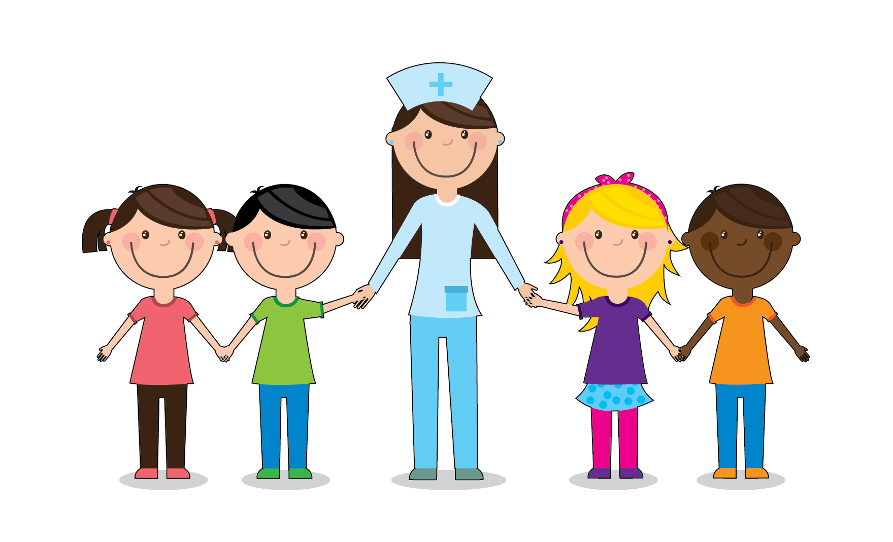 Cartoon image of 4 kids and a nurse